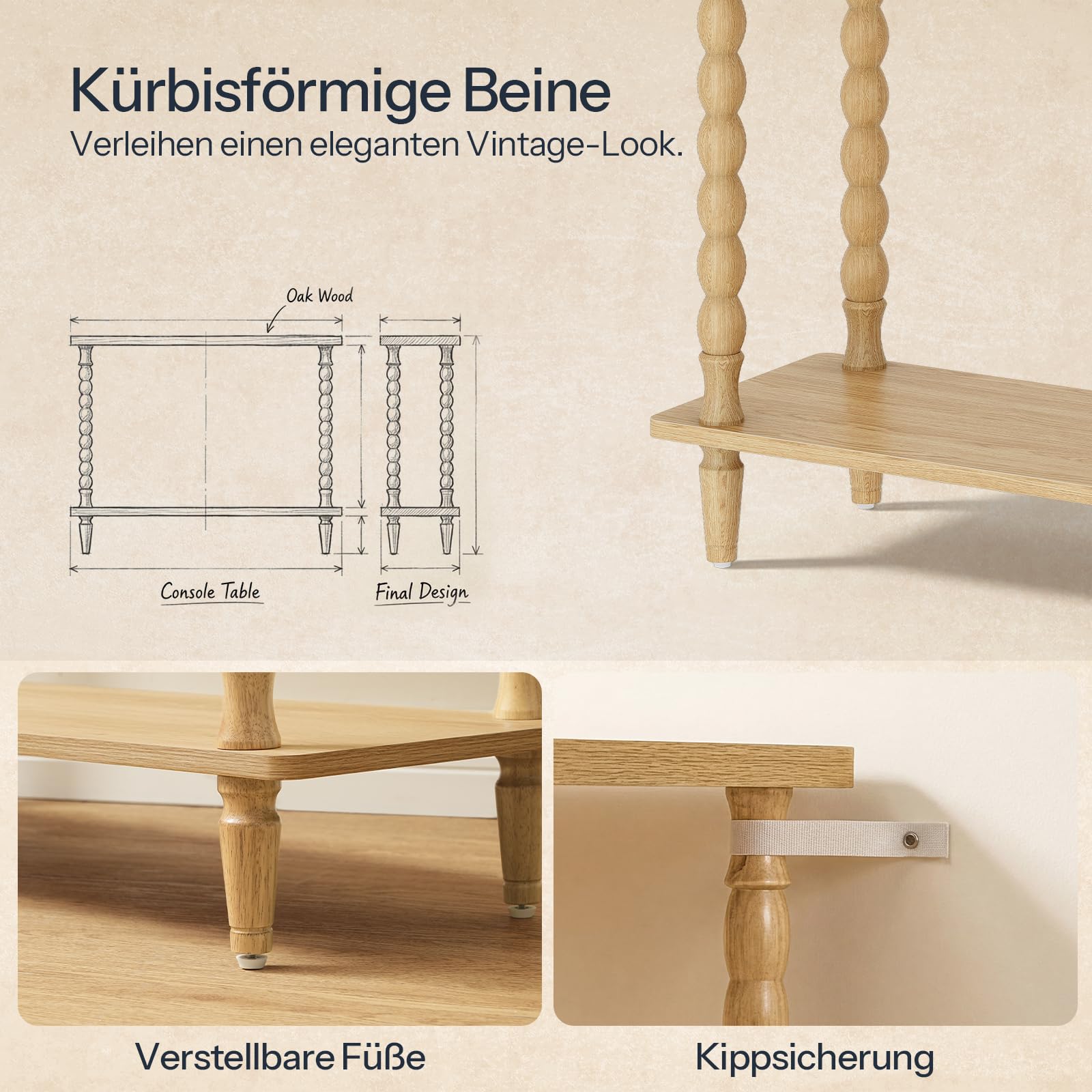 HOOBRO 100 cm Langer Konsolentisch, Beistelltisch mit Gummibaumholz-Beinen, Flurtisch, Sofatisch hinter einem Sofa, Eingangstisch, für Eingang, Flur, Diele,Wohnzimmer, Natur ENL105XG01