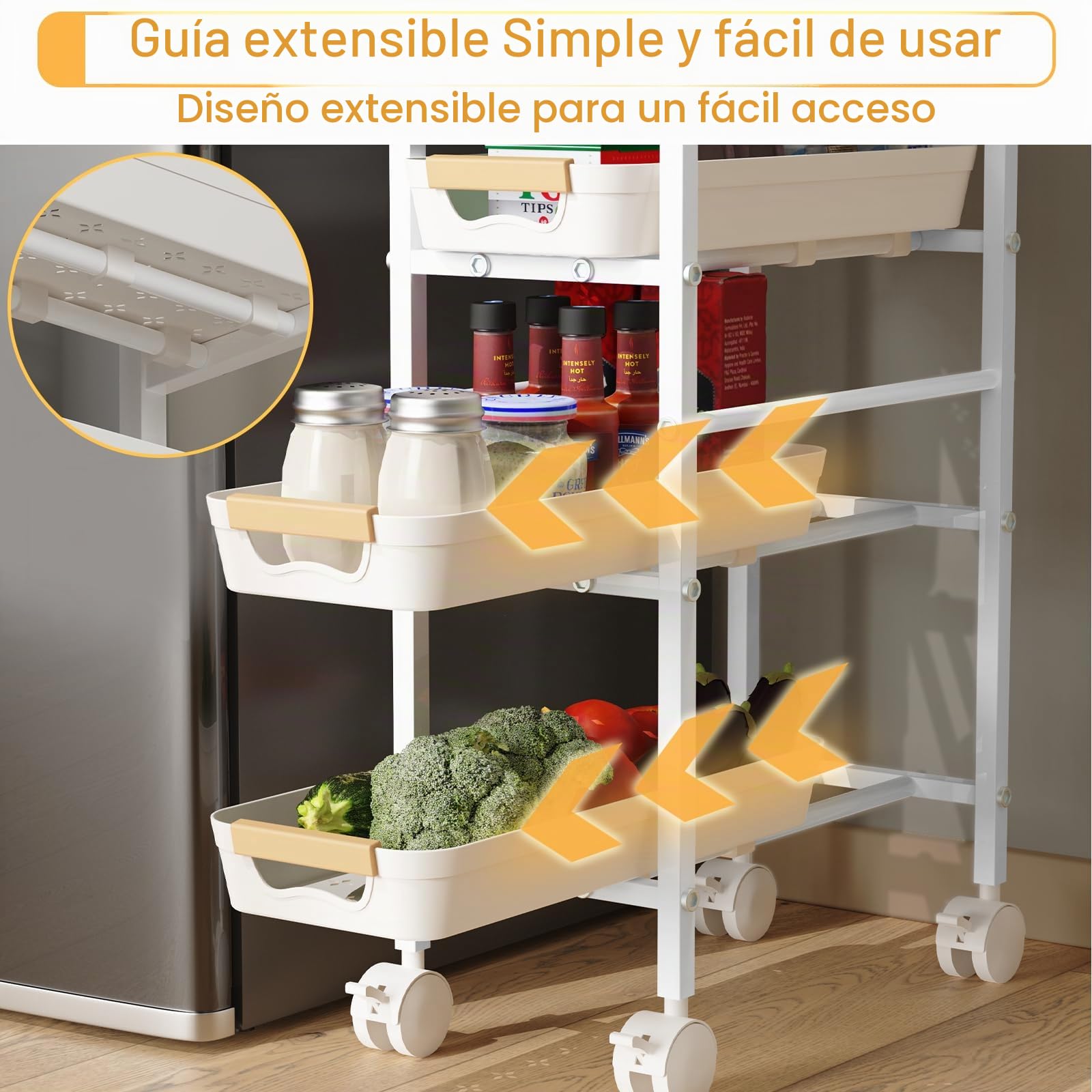 DROMEZ Carrito Auxiliar con Ruedas Estrecho 20 cm, 5 Niveles Metal Blanco | Carro Cocina con 4 Cajones, Tablero Superior y Frenos para Bano, Lavadero u Oficina Compacta, 38x20x81cm