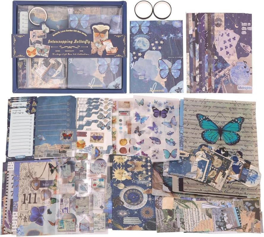 Image of GDNK Scrape Book Kit Scrapbooking Kit Vintage Journal Scrapbook Pack DIY Paper Stickers, Craft Kits Notebook, Collage Album Aesthetic Sticker Journaling Scrapbook Photo Album (Intercropping Butterfly)