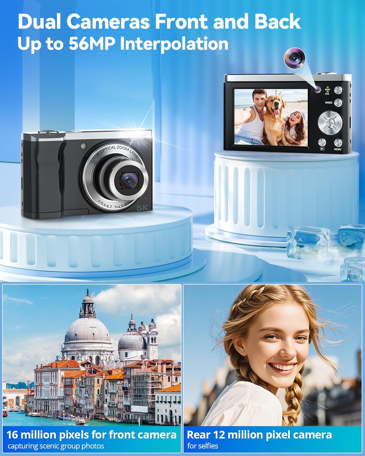 Digital Camera,5K 56MP Cameras for Photography Autofocus,Vlogging Compact Camera with Front and Rear Camera,10X Optical Zoom,6-Axis Anti-Shake,Touch Screen with 64GB SD Card,2 Batteries - Image 4