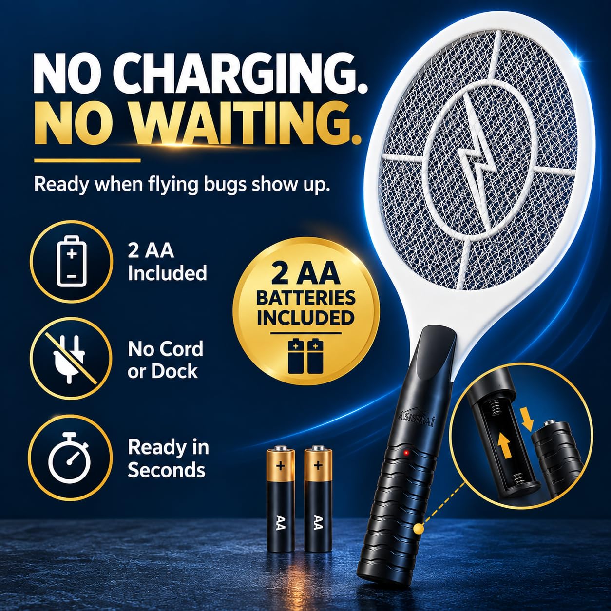 Bug Zapper Racket, Elektrische Fliegenklatsche für Mücken, Fliegen und fliegende Insekten, 45,7 cm Handheld-batteriebetriebener Fliegenvernichter für den Innen- und Außenbereich, 2 AA-Batterien