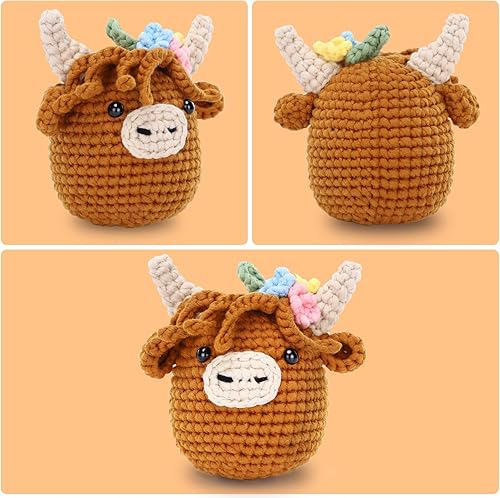 Miniatura 2 de Highland Cow Kit de inicio de ganchillo hilo de tejer fácil, tutorial en video paso a paso, gancho, regalo de cumpleaños para adultos y niños (30% +