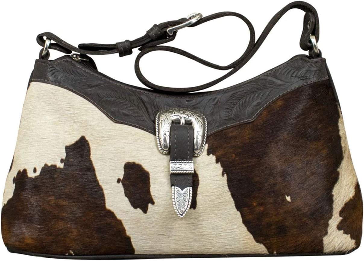 American West Handcrafted 100% Genuine Leather with Hair-On Cowhide Zip-Top Shoulder Bag Cow Town Collection Western | Genuine Hair-On Hide