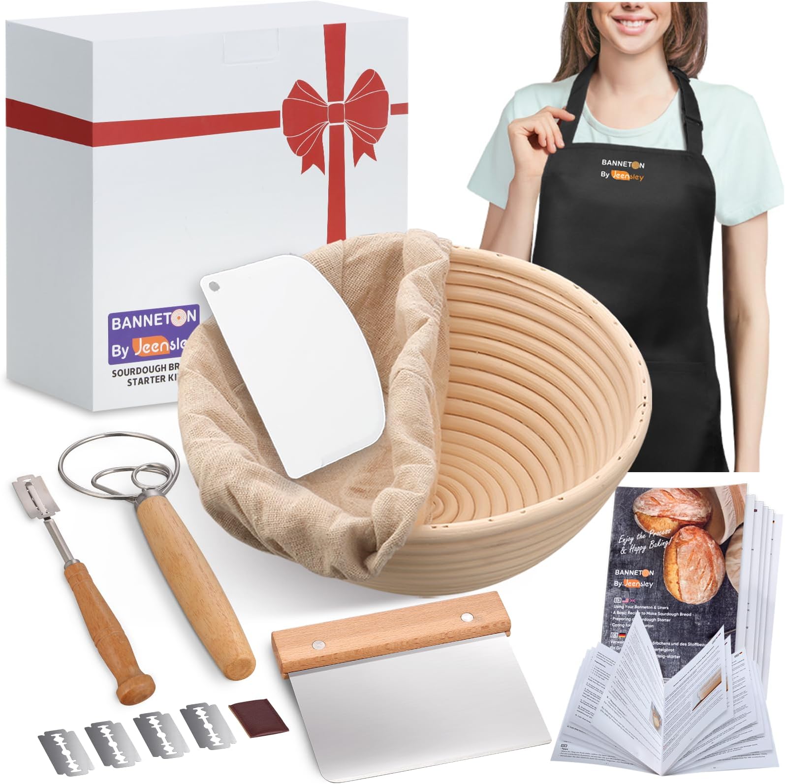 Boxed Sourdough Starter Kit with Apron Round Bread Proofing Basket Banneton with Liner and Bread Making Tools Handmade from Quality Natural Indonesian Rattan Bread Making Accessories