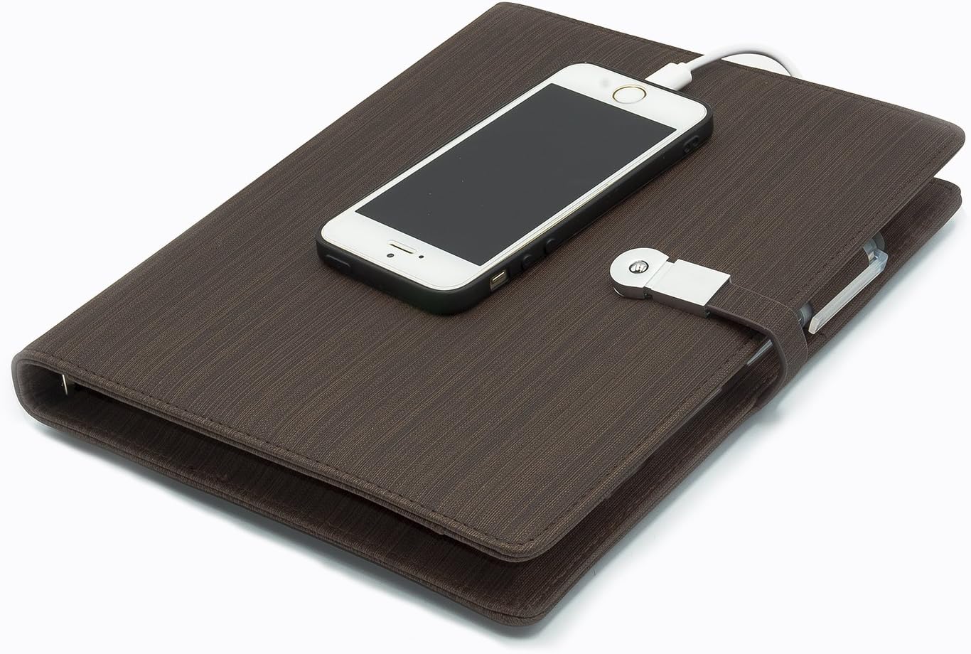A5 Leather Portfolio Padfolio Notebook Journal Business Planner Hardcover Notepad,Refillable Thick Paper with 8G USB Flash Drive,Built-in 8000mAH Power Bank for iPhone & Android,Brown