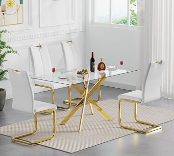 Henf 5 Piece Dining Table Set for 4, 51in Rectangle Dining Table and 4 Pcs White PU Dining Chairs Set, Glass Dining Room Table w/Metal Legs, Golden Kitchen Table and Chair Set for 4