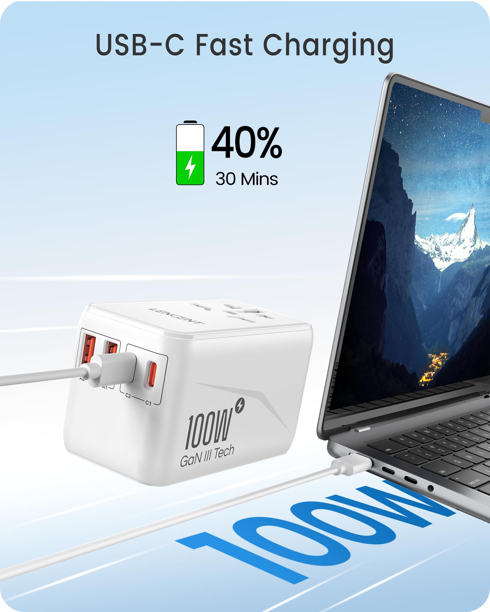 LENCENT GaN3 100W Adattatore Universale da Viaggio, Caricatore Internazionale con 2 USB QC4.0 e 2 USB-C PD3.0 PPS Ricarica Veloce, Caricabatteria Mondiale per Telefono, Adattatore Spina USA/UK/EU/AU