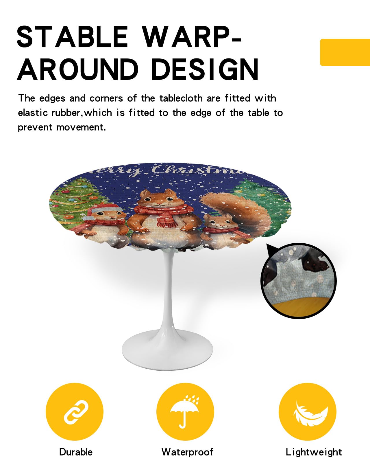 Xmas Squirrel Round Waterproof Table Cover Fitted Tablecloth, Wipeable Fabric Elastic Table Cloth Oil-Proof Tablecover for Indoor Outdoor Picnic Party, Christmas Pine Tree Vintage Blue 36