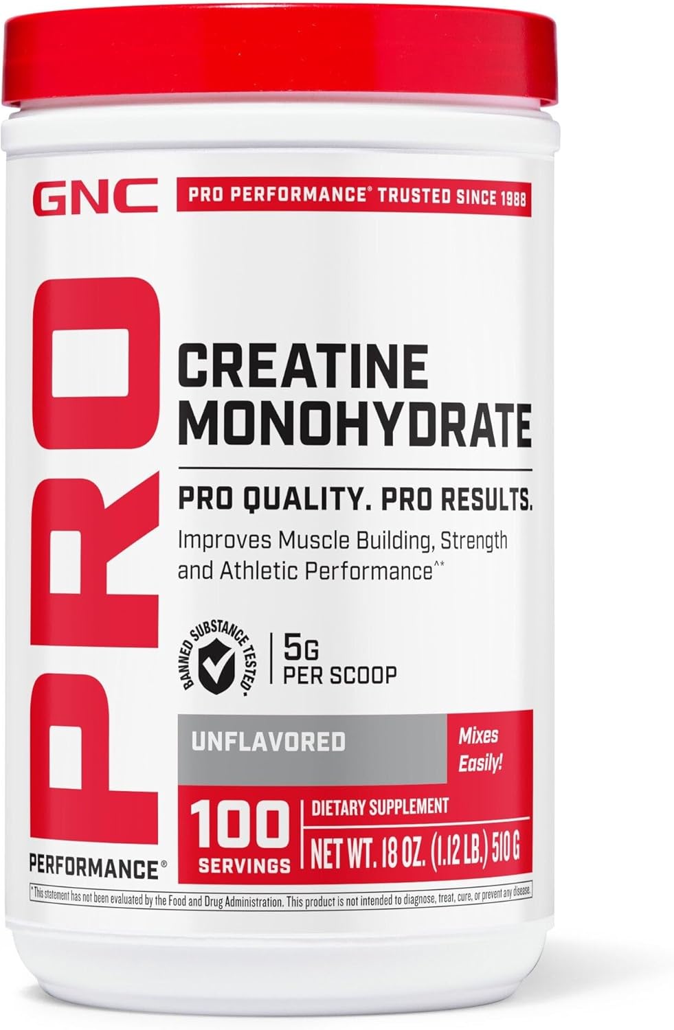 GNC Pro Performance Creatine Monohydrate Powder for Women & Men, 5g Creatine Per Serving, Muscle Building, Energy Production, Endurance, Performance, 100 Servings