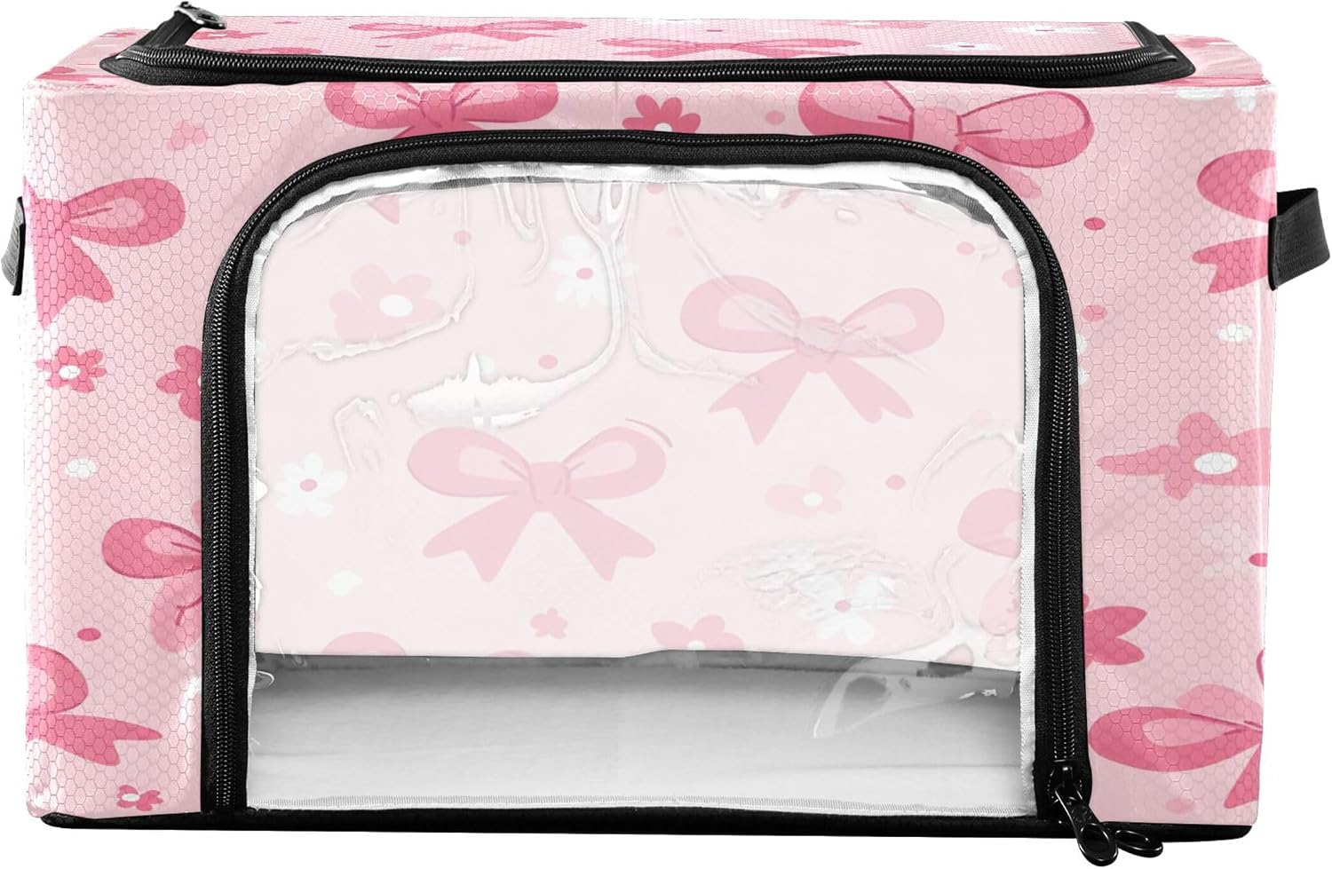 Bows and Flowers Clothes Storage Bins with Hold Shape Metal Frame, 2 Opening Ways Foldable Clothes Organizer Box with Clear Window & Handles for Seasonal Clothing