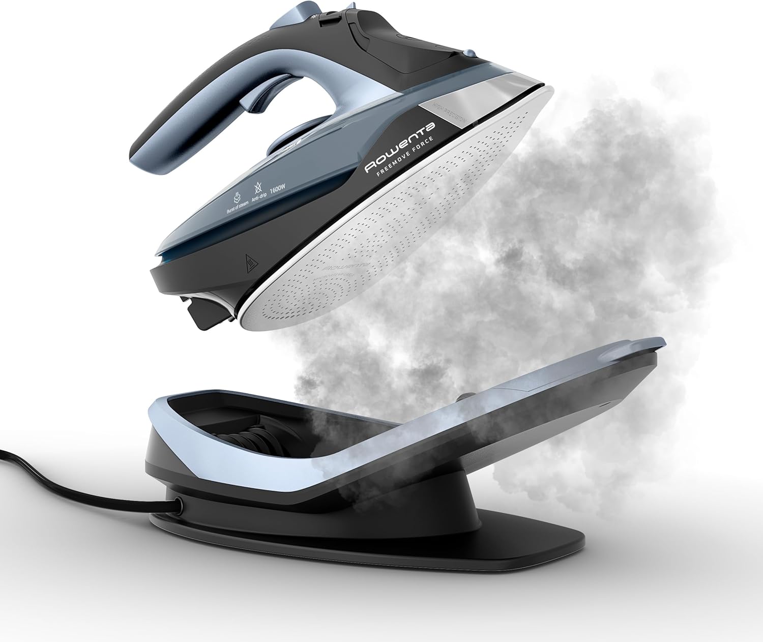 Rowenta Freemove Cordless Iron with Steam, 1600 Watts, Stainless Steel Soleplate, Rapid Heating, Portable Steamer for Clothes, Rechargeable for Wireless Ironing, Handheld Steamer Iron, Blue, DE6730