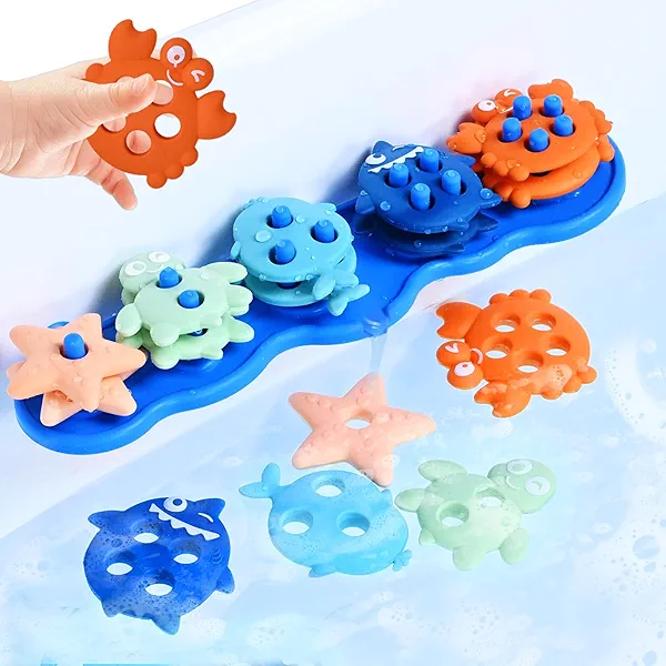 Baby Bath Toys,Silicone Mold Free Shape Sorting Stacking Toddler Bath Toy,Color Sorting Textured Floats,No Hole Early Learning Bathtub Shower Toys,First Birthday Gifts for Boys Girls,Baby Shower Gfit