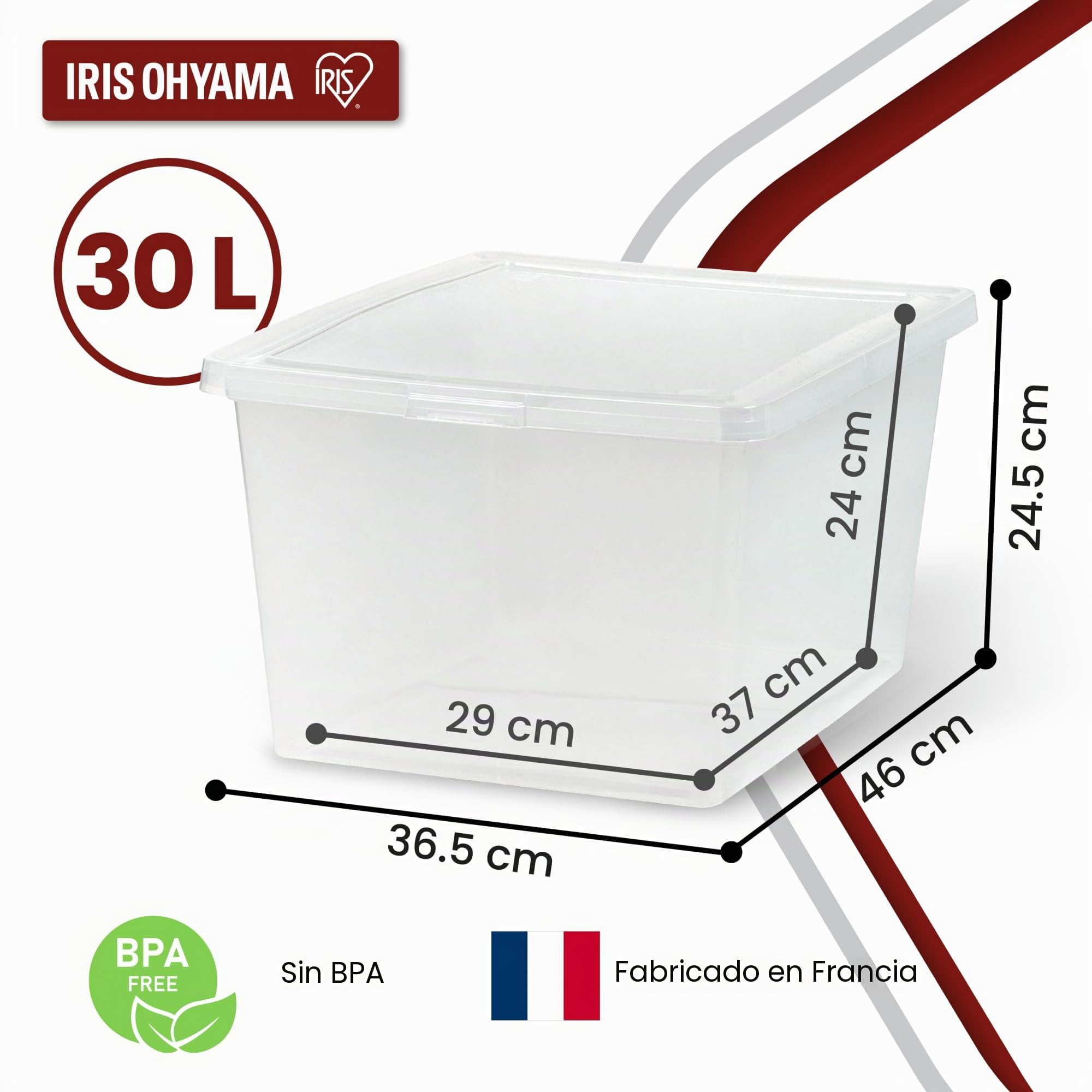 Iris Ohyama, Caja de Almacenamiento de Plástico Multiusos, 30L, Juego de 4, Transparente, Cierre Fácil, Apilable, para Dormitorio, Cocina, Oficina, Baño, Ropa, Juguetes, Sin BPA, CNL-30E