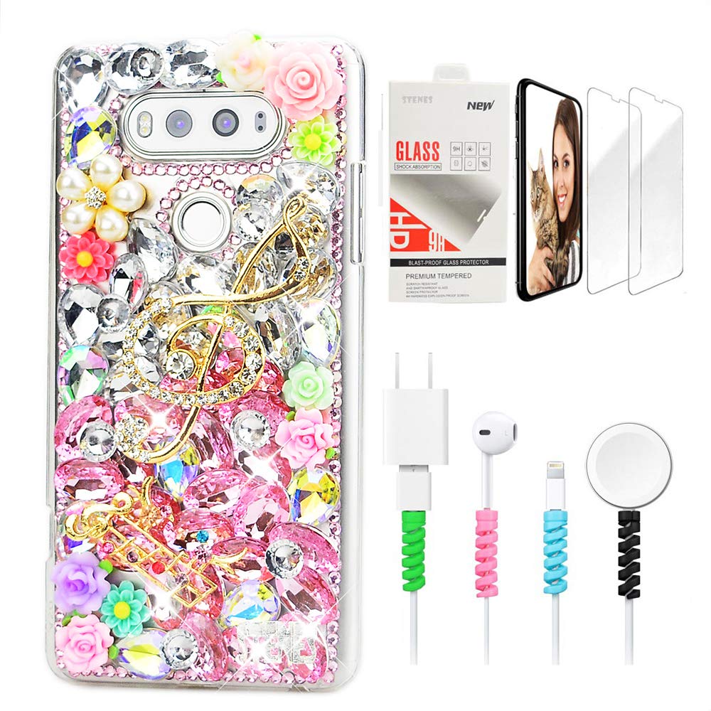 STENES Bling Phone Case Compatible with LG Stylo 5 / Stylo 5V / Stylo 5 Plus - Stylish - 3D Handmade Sparkle Series Music Flowers Design Cover with Screen Protector & Cable Protector - Pink