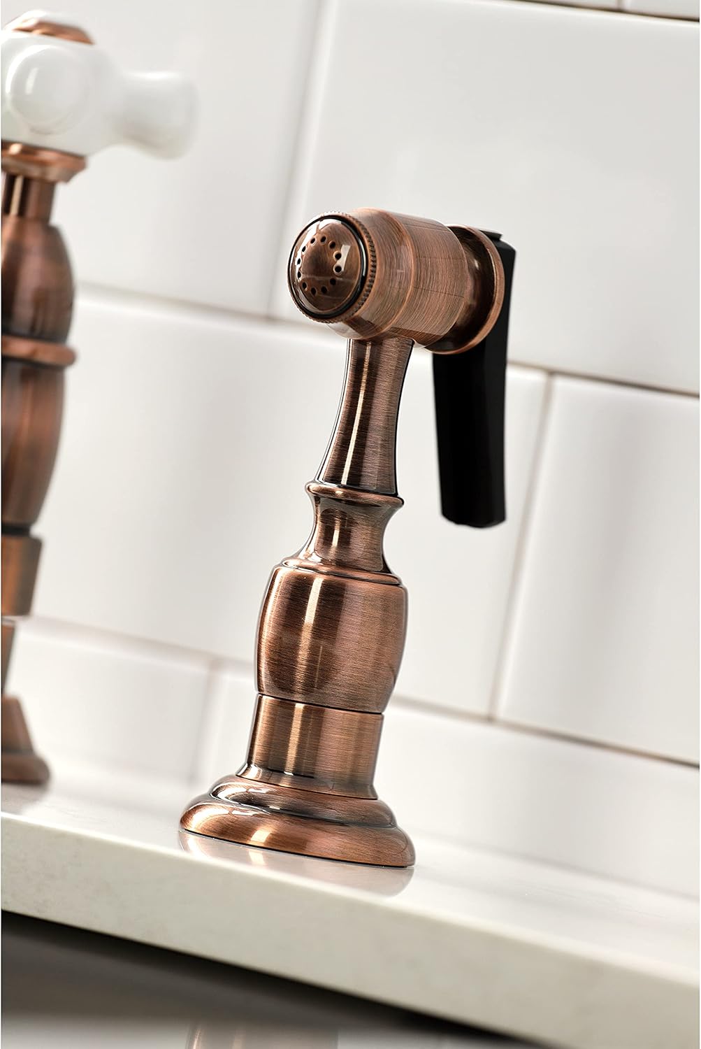 Kingston Brass KS127PXBSAC Heritage Bridge Kitchen Faucet with Brass Sprayer, Antique Copper