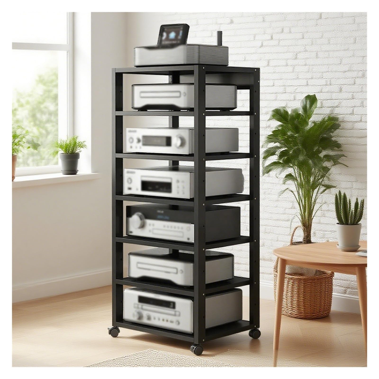 Audio HiFi Regal Rack 7-stufiges Audio-Rack for Heimkino, Stabiler Metallrahmen mit 360-Grad-Rollen, höhenverstellbares Regal for Büros/Aufnahmeräume/Heimkino(Schwarz)