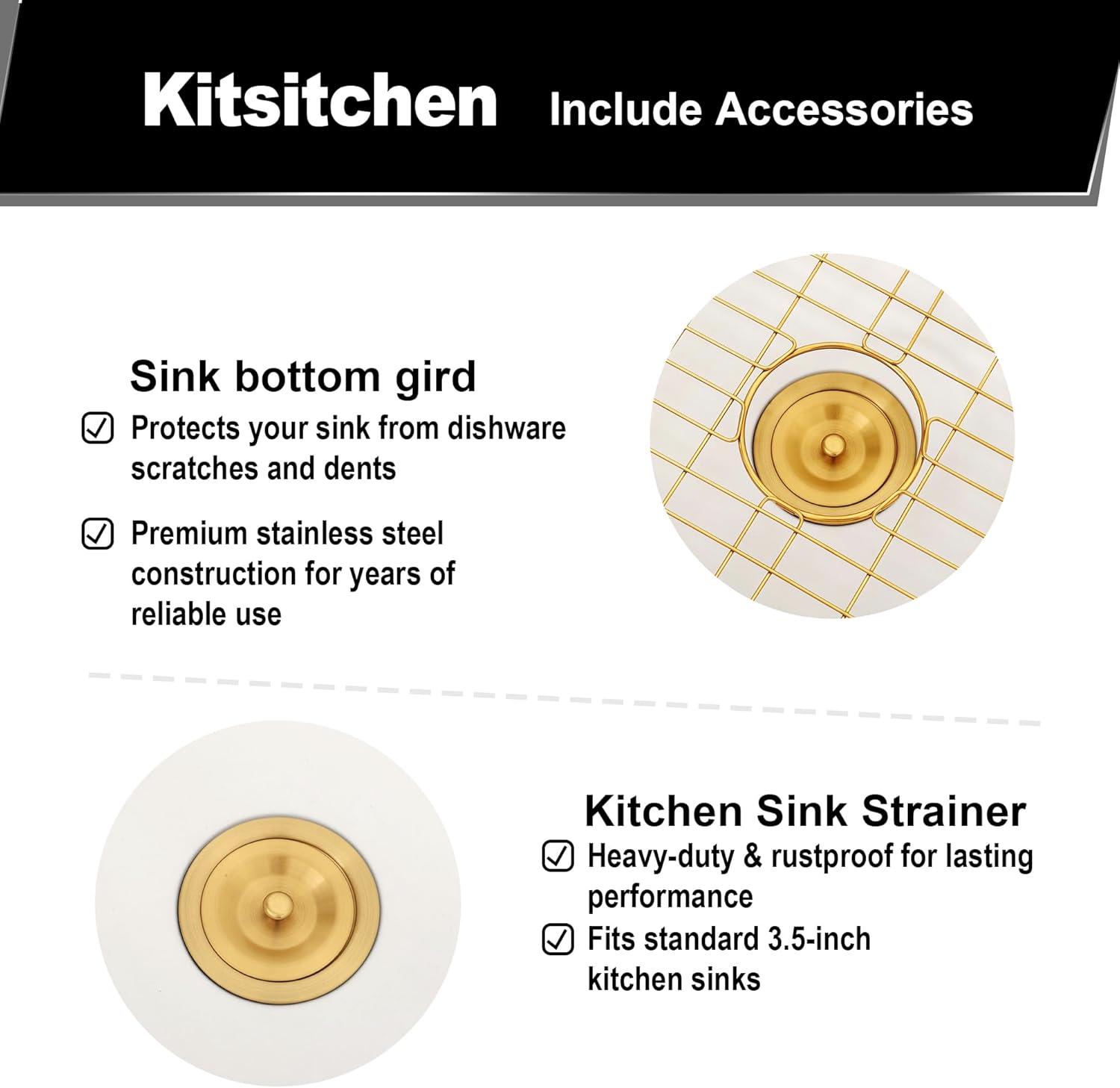 Kitsitchen 15 Inch Small White Bar Sink, Undermount Bar Sink Granite Composite Kitchen Sink 15" x 15", Quartz Stone Kitchen Sink with a Gold Sink Drain Strainer & a Gold Sink Bottom Grid