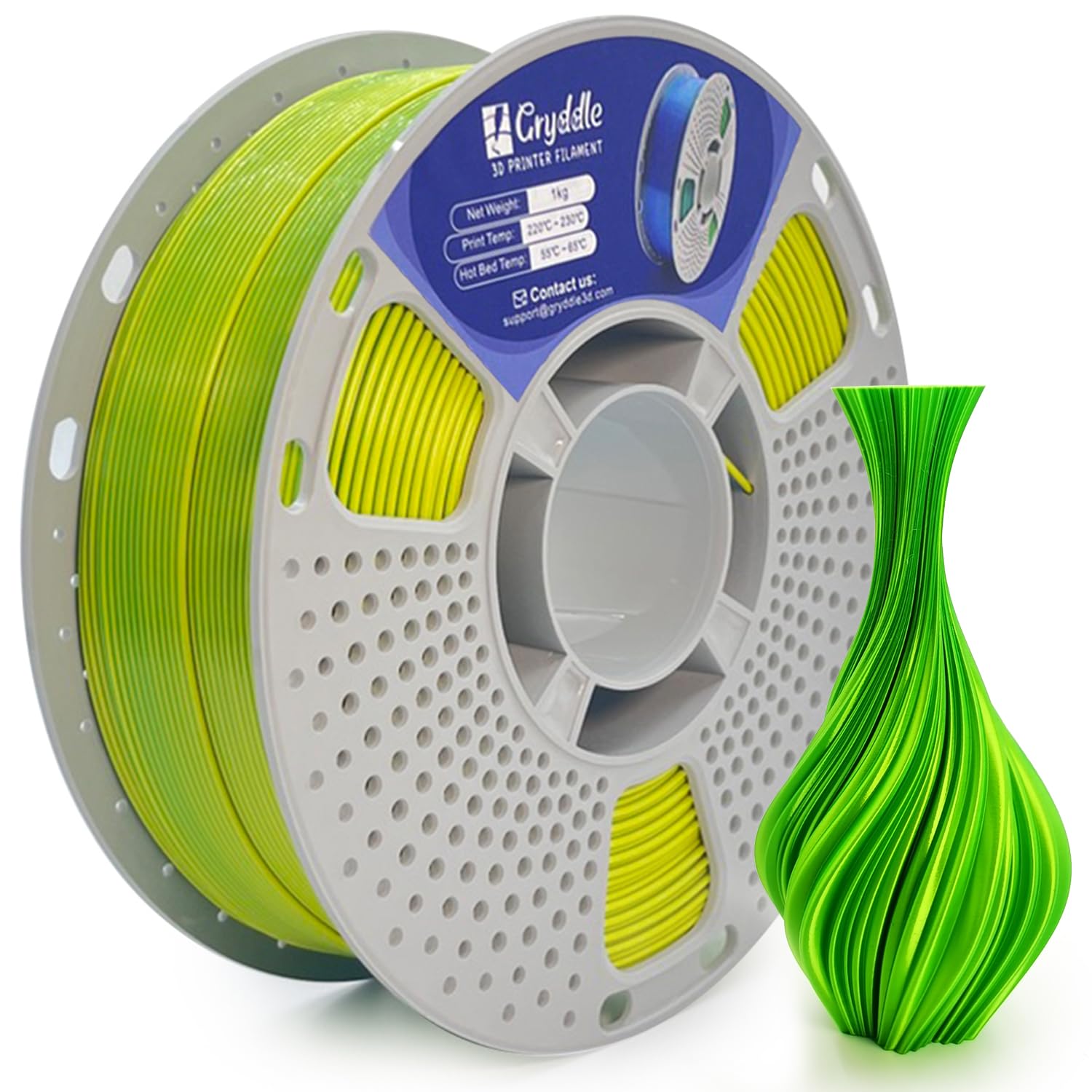Gryddle Silk Dual Color PLA 3D Printer Filament, 1.75mm 1KG (2.2lbs), Shiny Gloss Finish, Easy Printing, Dimensional Accuracy ±0.02mm(Yellow & Green)