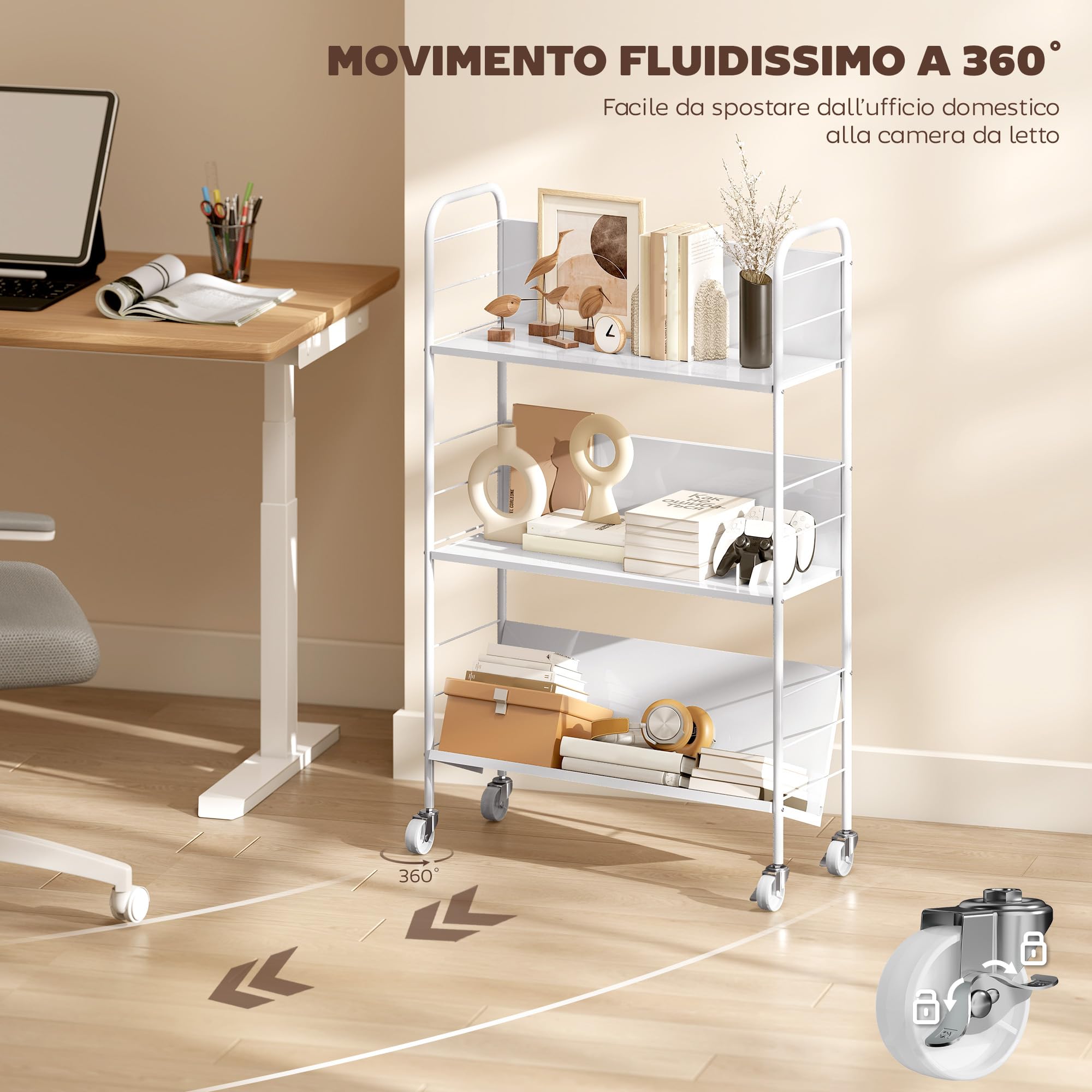 HOMCOM Carrello Portalibri a 3 Livelli in Metallo con Ruote Girevoli con Freno, Libreria Scaffale Moderno per Libri e Riviste, per Soggiorno, Camera da Letto, 69x26x108 cm, Bianco