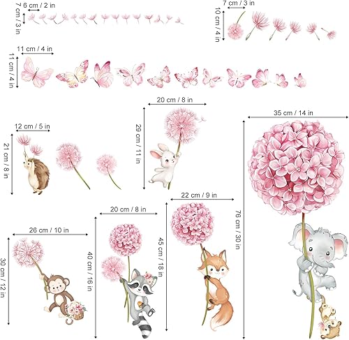 Miniatura 4 de decalmile Calcomanías de pared de diente de león rosa con diseño de animales del bosque, elefante, zorro, mono, calcomanías de pared para guardería,