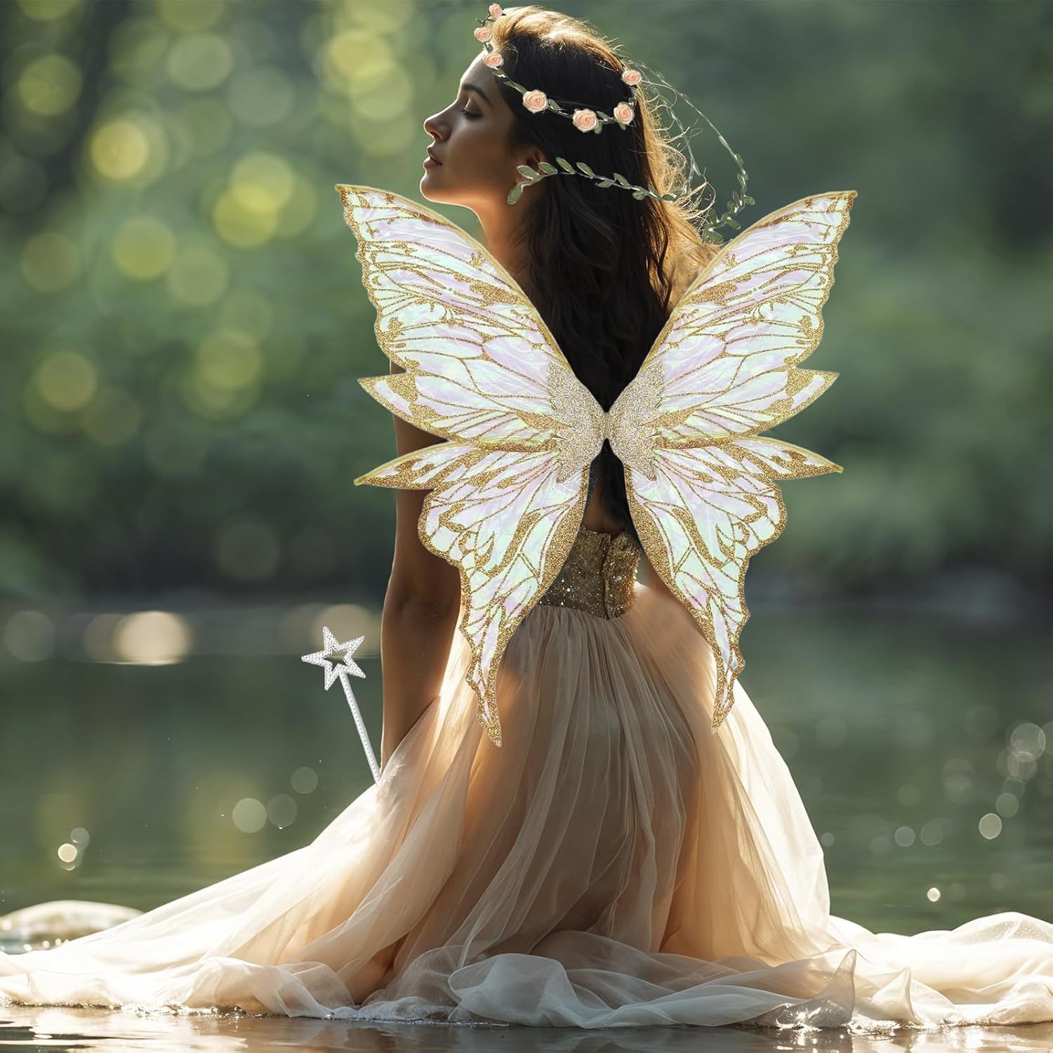 6PCS Fairy Wings, Gold Fairy Wings, Butterfly Wings Adults, Sparkling Sheer Wings with Flower Headband, Angel Princess Fancy Dress Up for Halloween Party Cosplay Festival Outfits