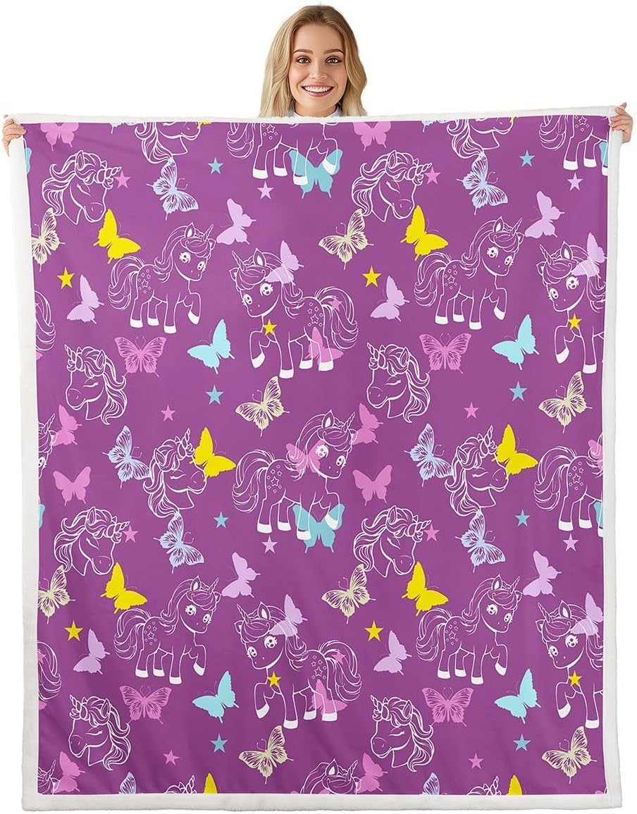 Feelyou Cute Unicorn Sherpa Blanket Plush Fuzzy Purple Butterfly Fleece Throw Blanket Boys Girls Princess Unicorn for Bed Couch Chair Living Room Dreamy Horse Bedroom Decor Baby 30"x40"
