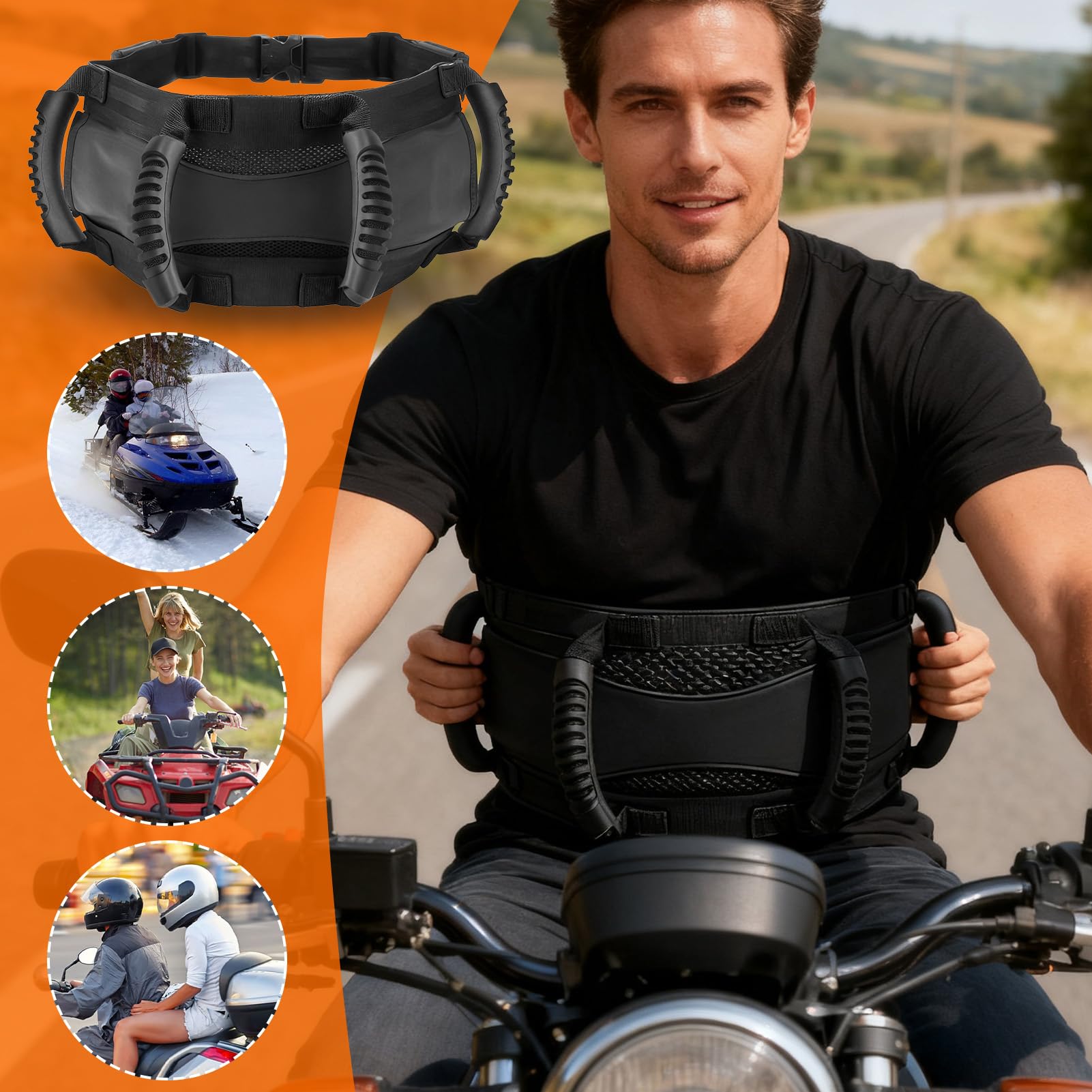 Maniglie per passeggero per moto - Impugnature regolabili con cintura in vita sicura, comodo supporto per il sedile posteriore per stabilità e sicurezza durante la guida | Per ciclisti bambini adulti
