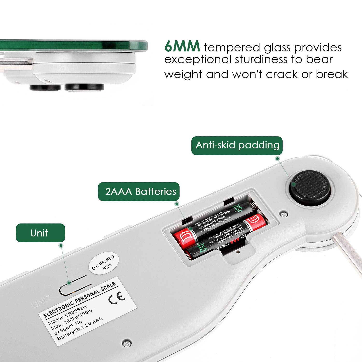 Underside of Uten scale showing battery compartment and unit switch