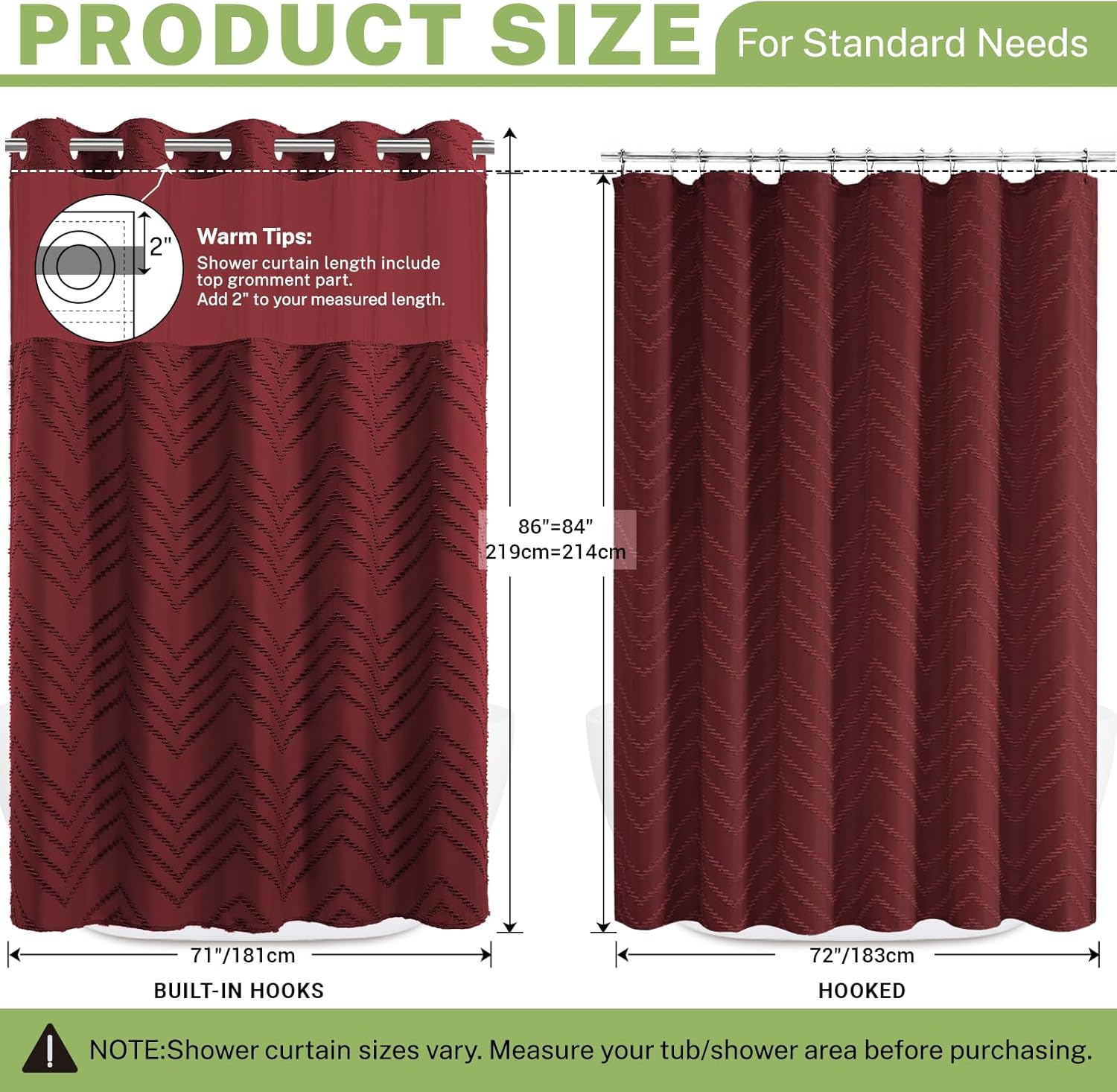 Extra Long No Hook Shower Curtain with Snap in Liner, Tufted Chevron Striped Shower Curtain Set for Bathroom, Boho Waterproof and Washable Shower Curtains, 71Wx86H, Burgundy