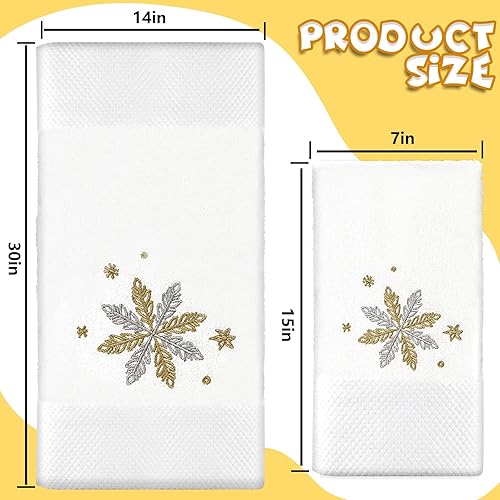 Miniatura 2 de AnyDesign - Paquete de 2 toallas de mano navideñas bordadas de algodón gris dorado con copos de nieve de Navidad con cinta roja, toalla decorativa