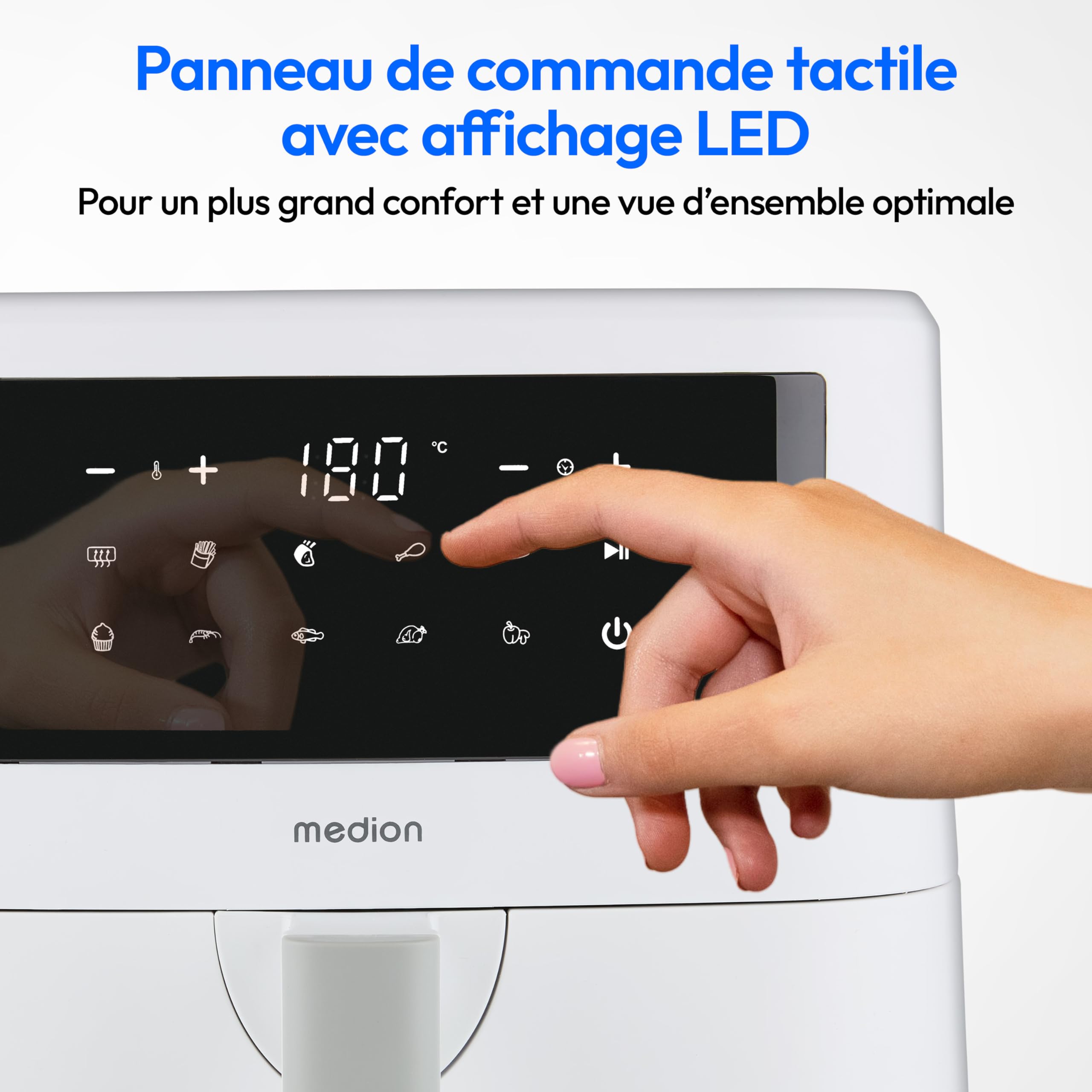 MEDION P10 XL Friteuse à air chaud (6,8 L XXL, Airfryer, 2.150 W, double résistance inox, alarme de secouage, 9 programmes, écran LED tactile) mat