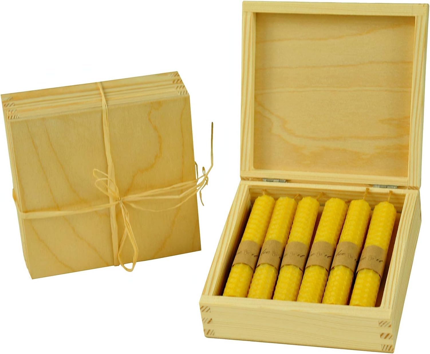 Musehouse 12 x Candles, Pure beeswax, hand-rolled honeycomb candles Wooden box with natural beeswax pillar candles