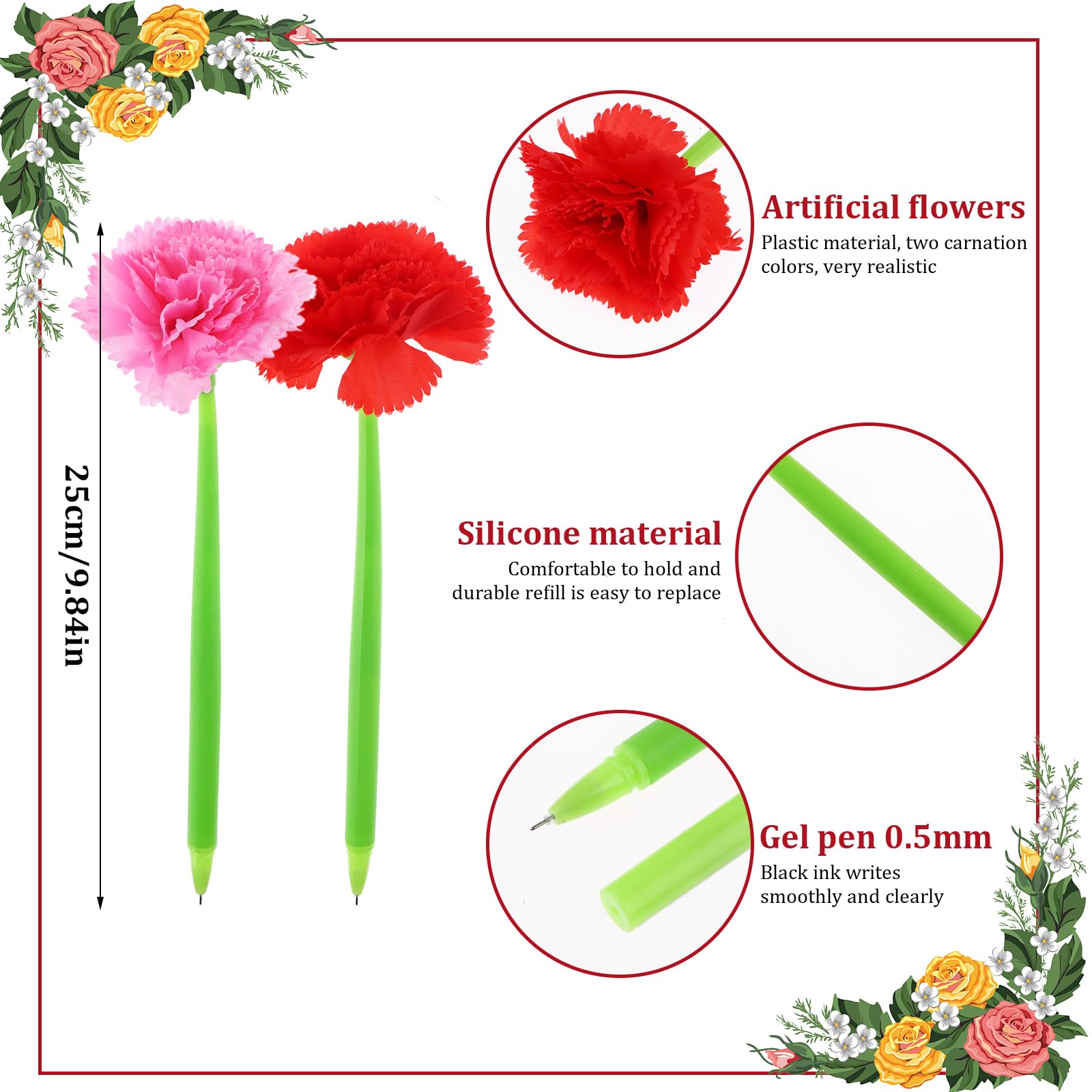 28 bolígrafos de flores artificiales con forma de clavel, bolígrafos de tinta de gel negra de 0.5 mm, bolígrafos de tinta de gel para el día de San Valentín, bolígrafos de tinta de gel para niñas y