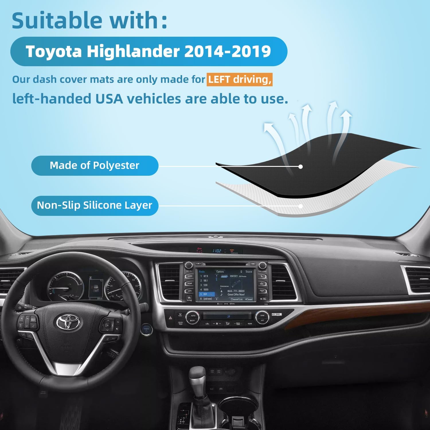 Dashboard Dash Cover Mat for Toyota Highlander 2014 2015 2016 2017 2018 2019 Polyester Custom Fit Toyota Highlander Accessories Dash Cover Black Trim (Highlander 2014-2019, Black)