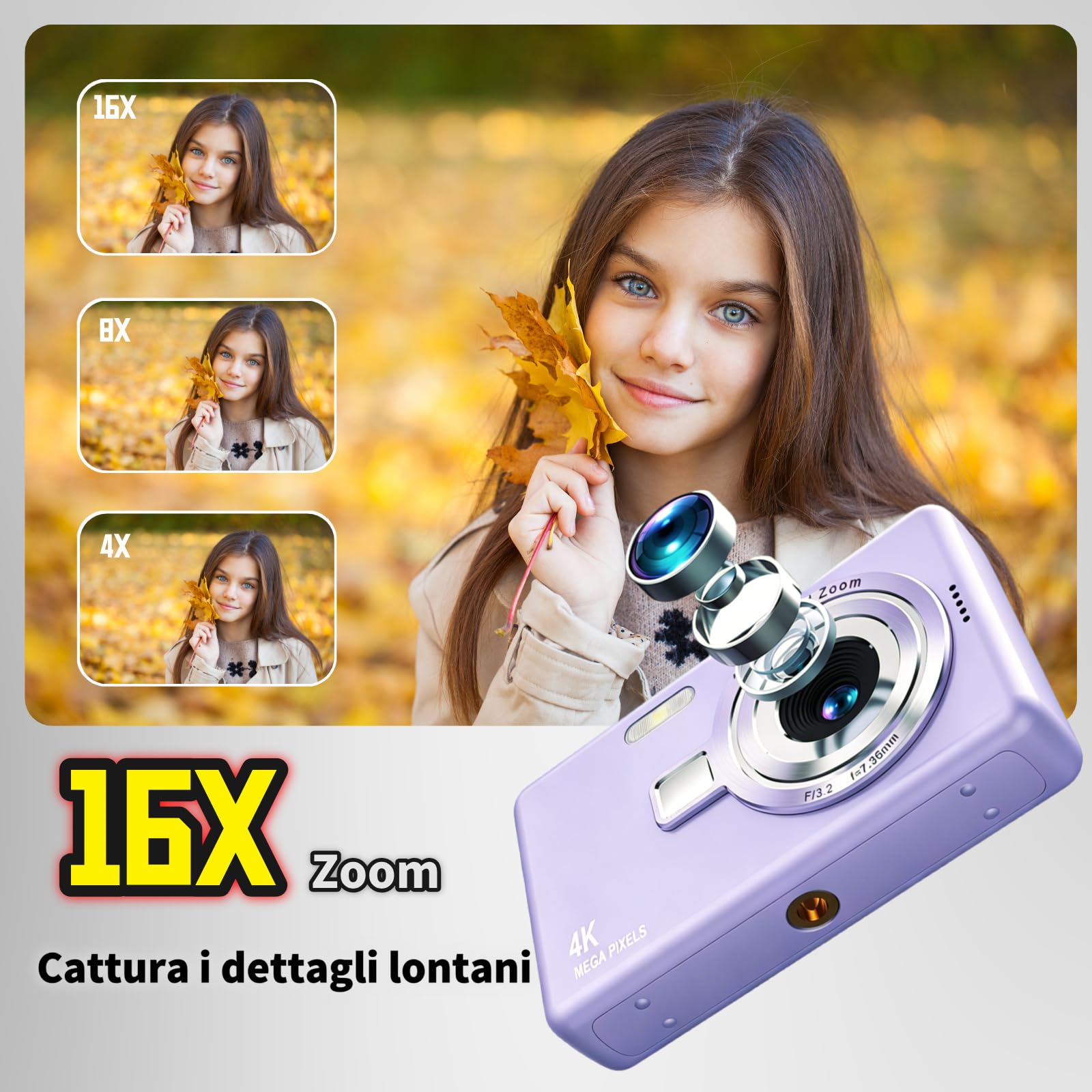 Fotocamera Digitale 4K 50MP, Macchina Fotografica Compatte per Ragazzi, Zoom 16X, Schermo LCD da 2,4", Scheda 64G, Batteria Integrata, Ideale per Bambini, Adolescenti, Principianti, Lilla