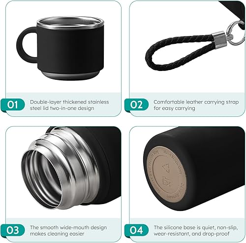 Miniatura 3 de Botella térmica de vacío de acero inoxidable con popote y taza, botellas de café aisladas de doble capa para bebidas calientes y frías (negro, 21.1