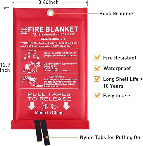 Miniatura 2 de Manta de emergencia contra incendios para el hogar y la cocina, paquete de 2 unidades de 3.3 x 3.3 pies, supresión de fibra de vidrio, ignífuga,