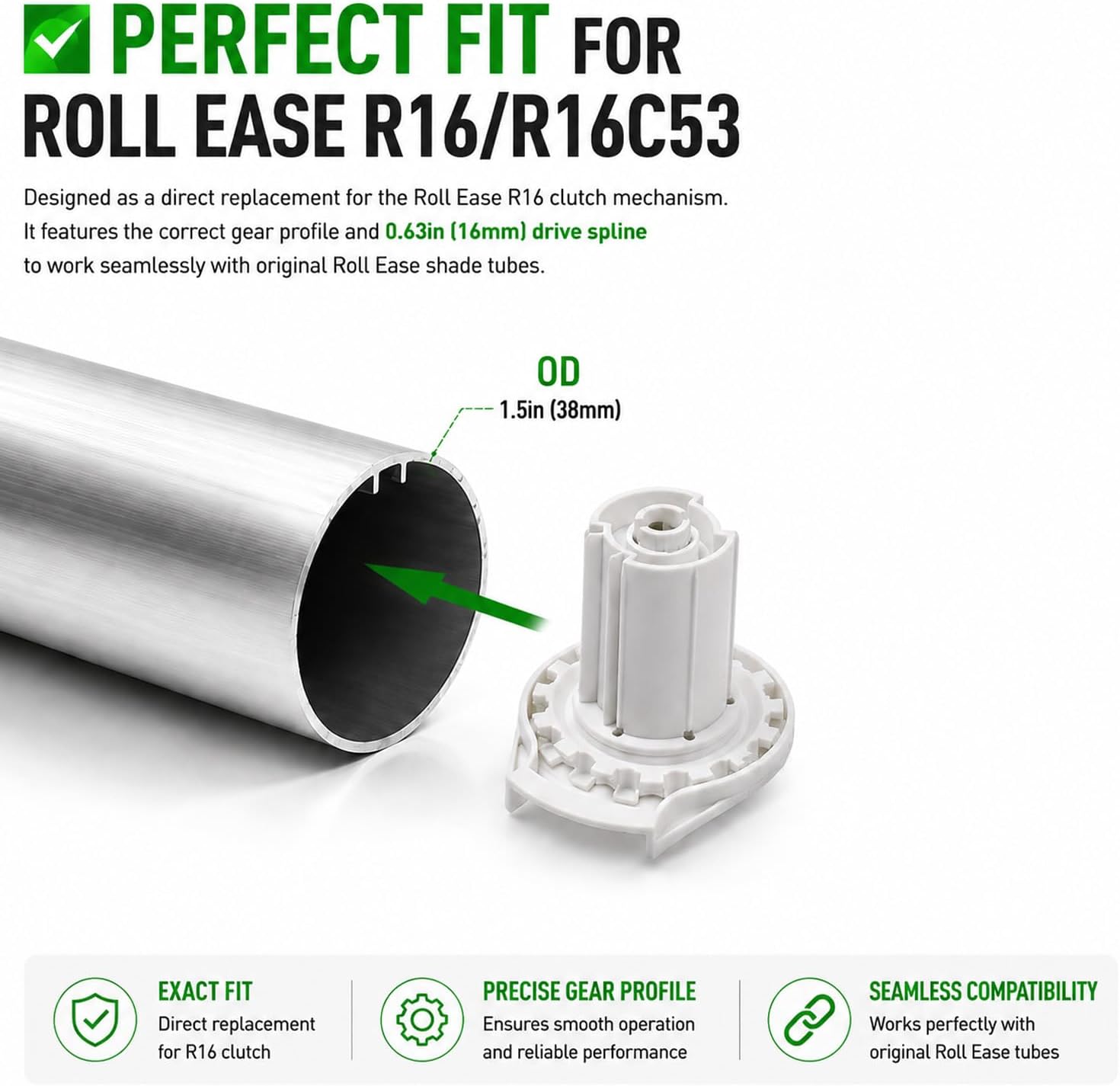 Roll Ease R16 / R16C53 Roller Shade Clutch Replacement ONLY for 1.5" (38mm) Tubes – Clutch Mechanism Only for Roller Blinds & Shades – Fixes Broken R16 Clutch