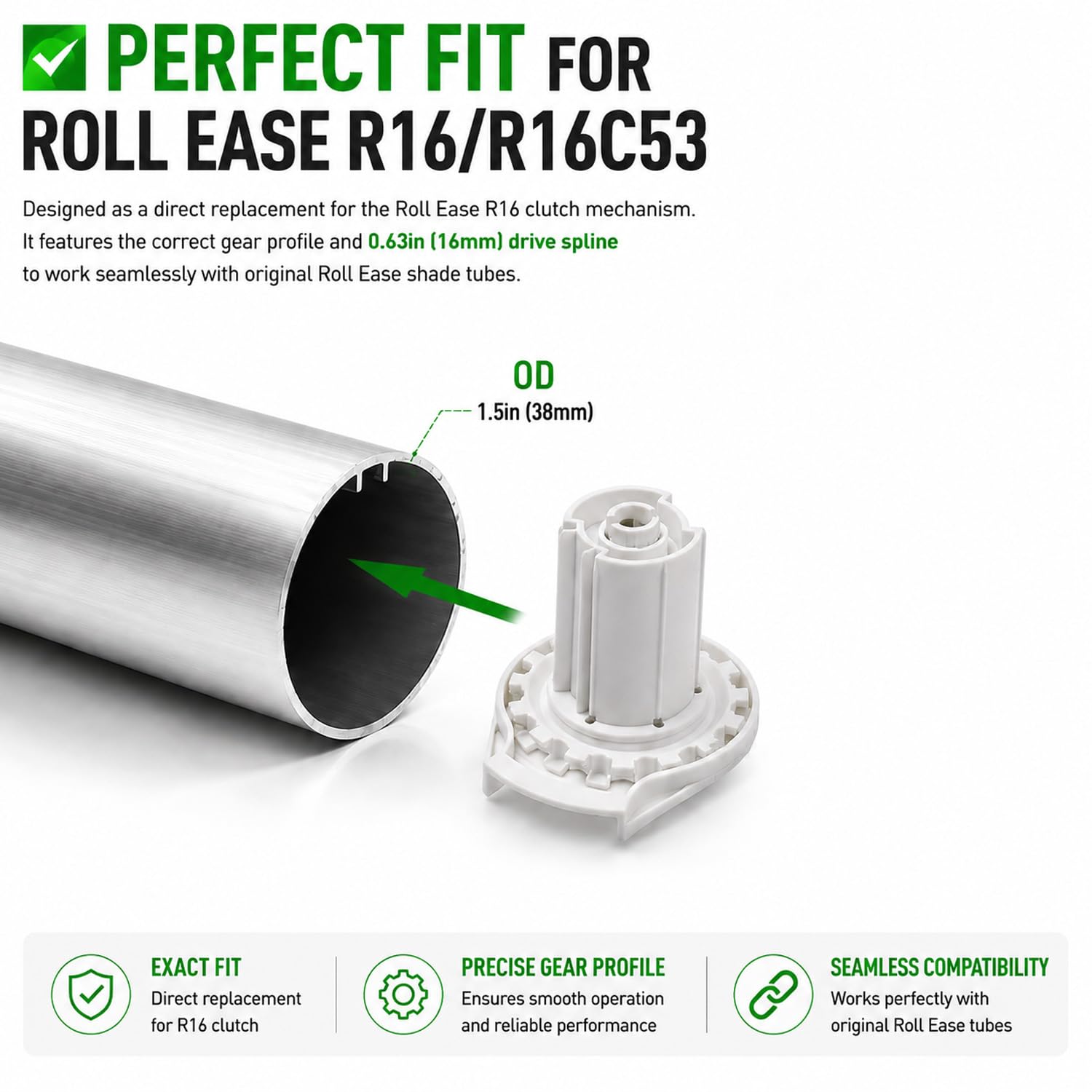 Roll Ease R-Series R16 Embrague de Persiana Enrollable R16C53 Compatible con Tubos de 3,8 cm Mecanismo de Repuesto