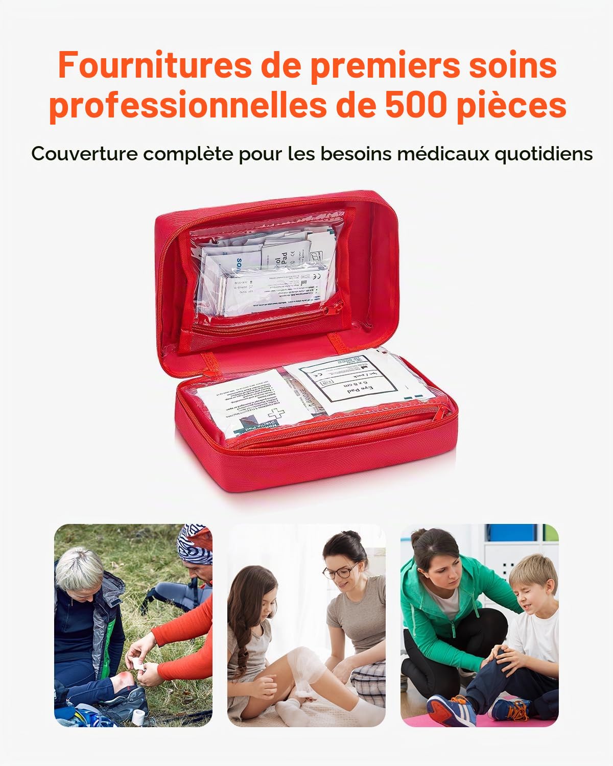 VEVOR Trousse Premiers Secours en Nylon 600D Kit Sac de Survie 500 PCS Fournitures Médicales d'Urgence, pour Maison, Voiture, Bureau, Voyages, Camping, Camion, Randonnée, Sport, Urgences en Extérieur