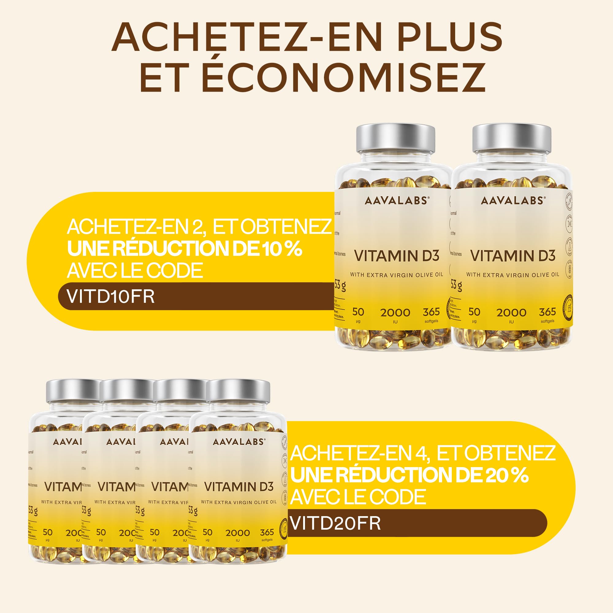 Vitamine D3 2000 UI - Vitamine D avec Huile d’Olive Extra Vierge pour Absorption Optimale - Vitamines sans OGM, sans Gluten et Lactose pour les Fonctions Osseuse, Musculaire, Immunitaire - 365 Gélules