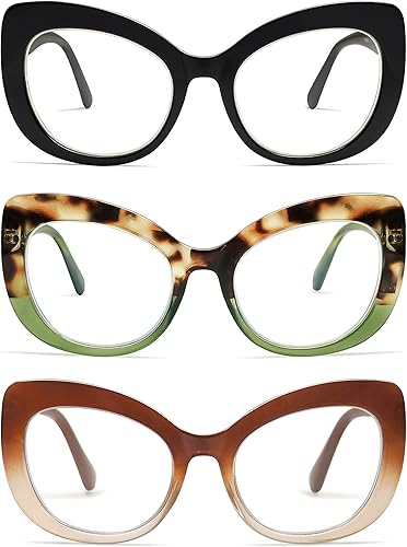 Miniatura 1 de AMOMOMA Paquete de 3 elegantes anteojos de lectura de ojo de gato de gran tamaño para mujeres, lectores de moda, anteojos cuadrados de luz azul para