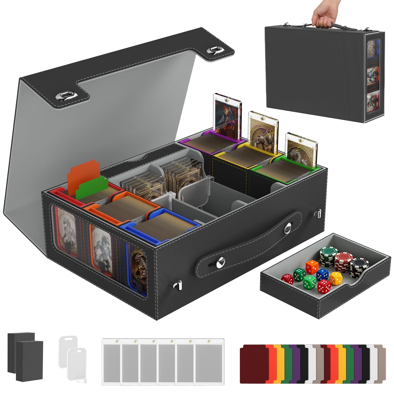 9in1 MTG Deck Box 6-Deck With Handle,MTG Commander Deck Box with Display&Cube Tray, 2400+ Card Holder,Trading Card Storage Box with 35pt Magnetic Card Holders for Top Loader Tcg, Ptcg, Sports Cards
