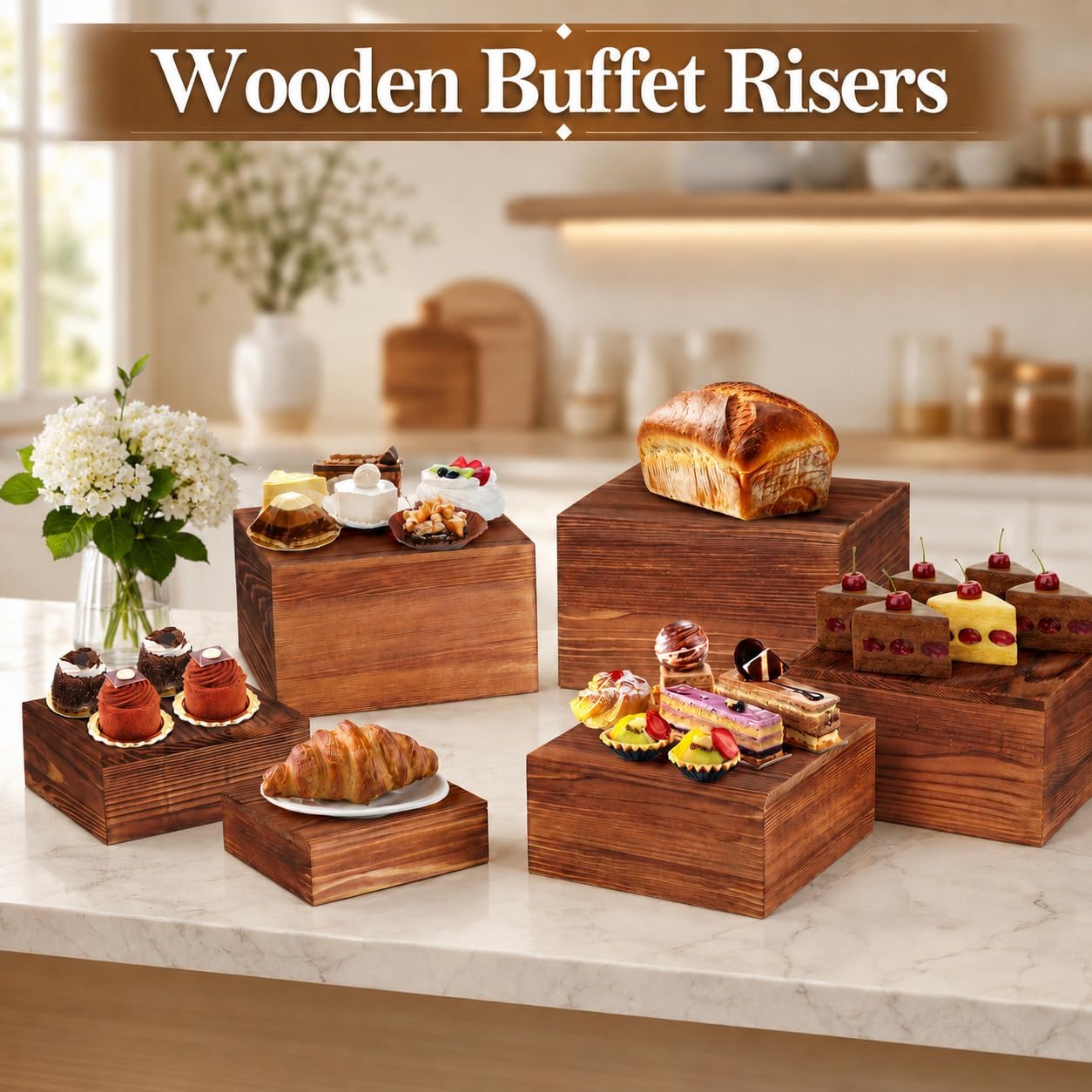 6 Pack Wooden Buffet Risers and Stands, Rustic Food Risers for Buffet Table, Risers Display Stands, Wood Cake Cupcake Stands for Wedding Party, Food Display, Collectibles