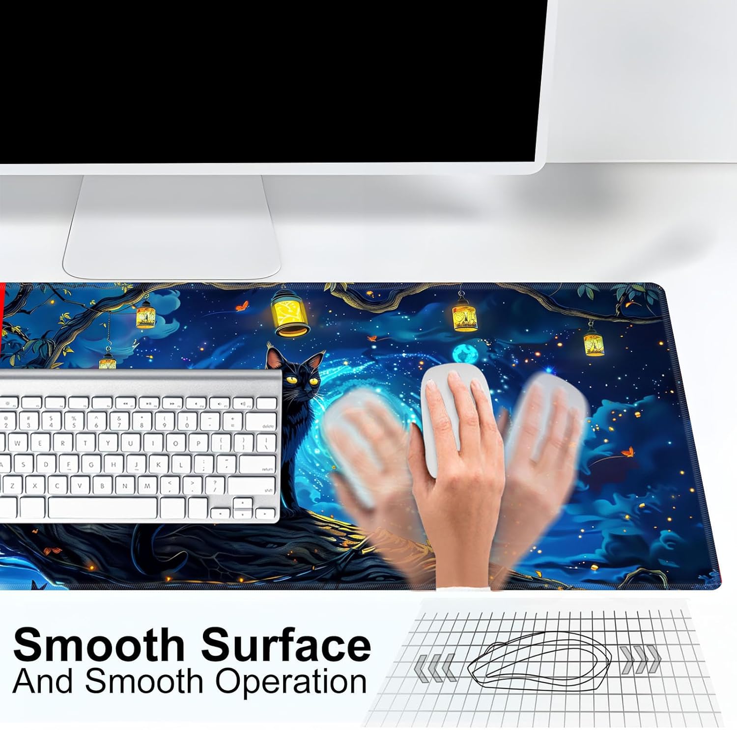 Patterned Gaming Playmat Compatible with MTG, Card Game Mat with Stitched Edges, Natural Rubber Desk Pad with Transparent Drawstring Bag, 27.6 x 15.7 Inch, A Mysterious and Stealthy Feline