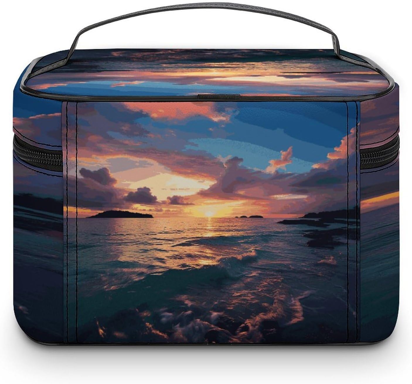 Ocean And Sunset Travel Makeup Bags Large Capacity Cosmetic Bag for Women Portable Makeup Artist Organizer Bags Waterproof Make Up Bag Lightweight Hand-held Makeup Case image 3