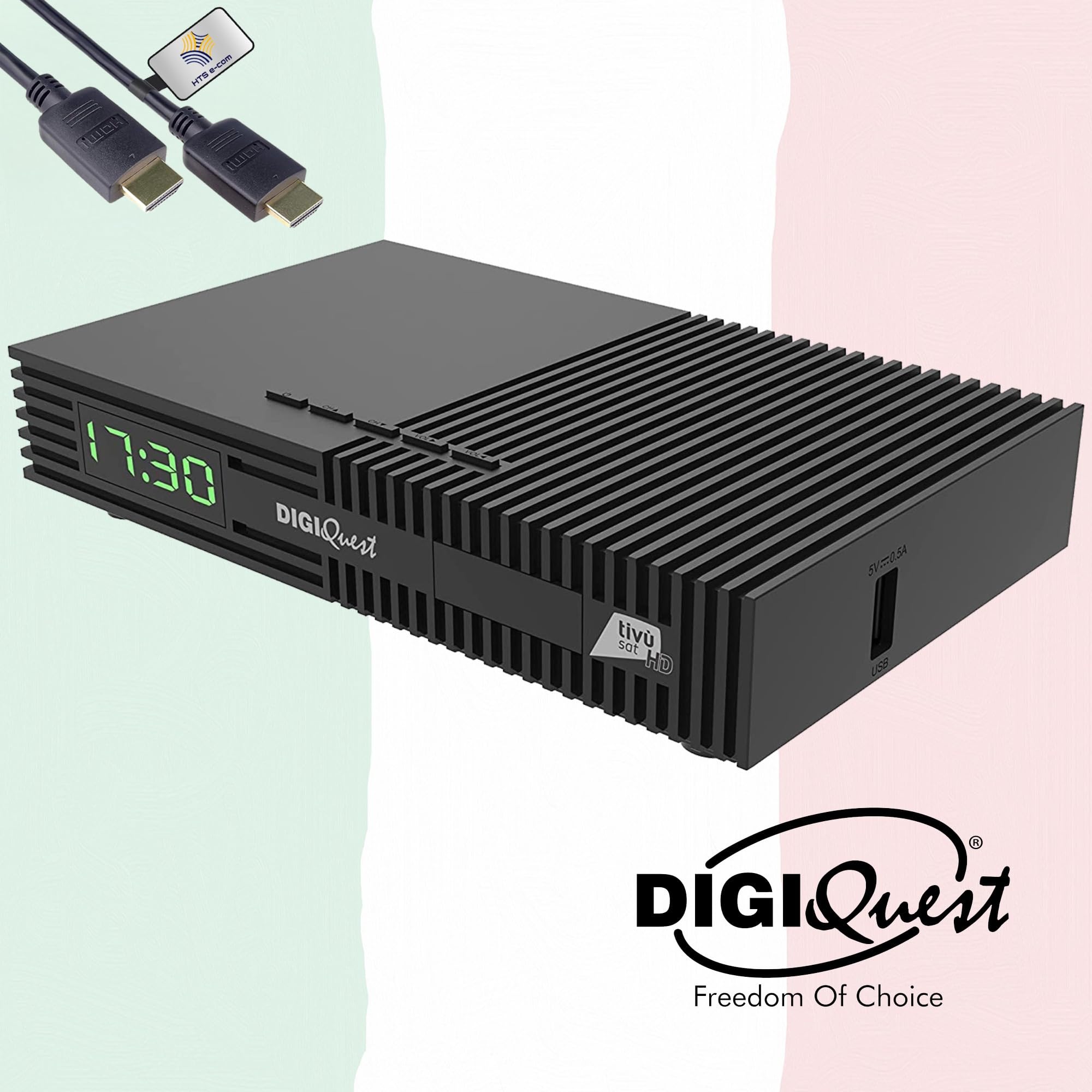 DIGIQuest Ti9 HD Sat-Receiver mit TivùSat HD Karte aktiviert, HTS eCom HDMI | Tivu zertifiziert, DVB-S2, Full HD 10Bit HEVC, Italien TV, Rai, Mediaset, LA7, Hotbird 13°, USB, 12V-Betrieb