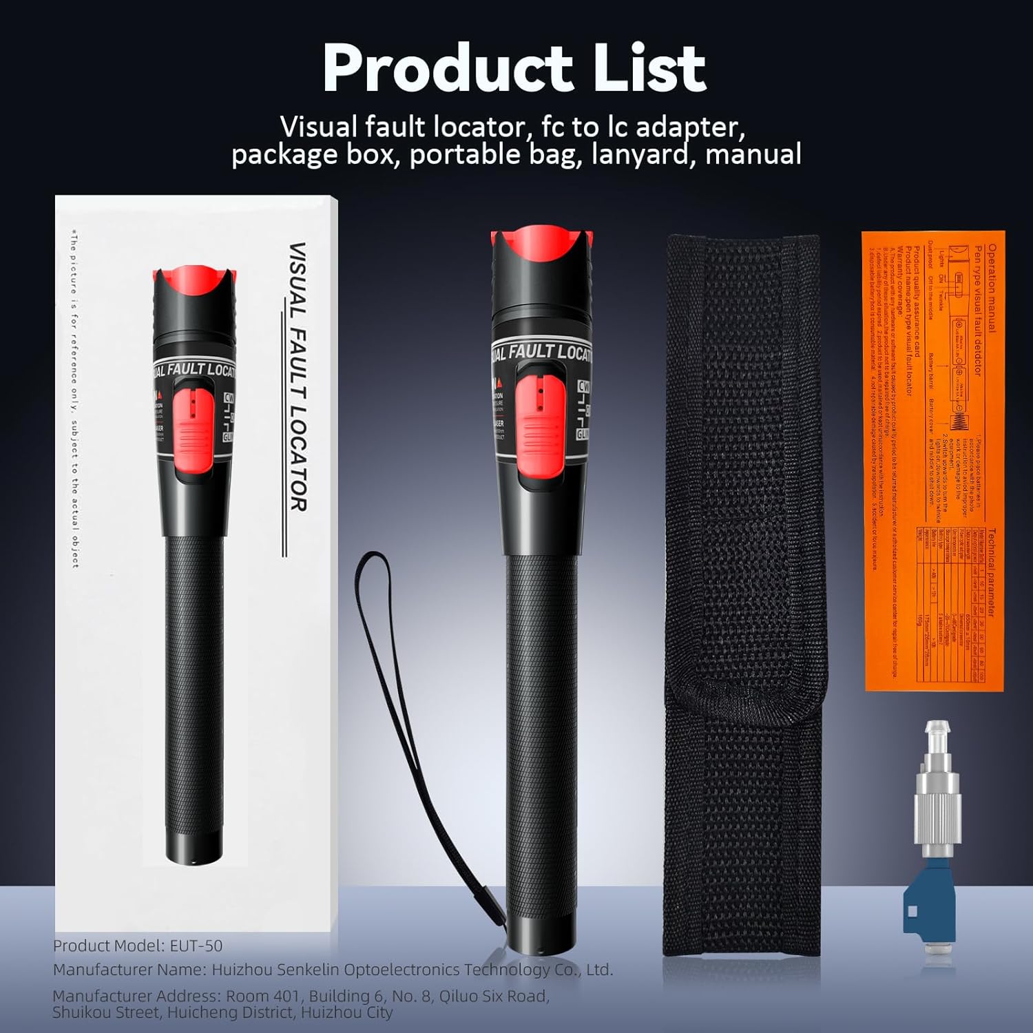Visual Fault Locator 50KM - VFL Fiber Optic Tester Kit with FC/LC/SC/ST Compatibility - Single Mode 9/125μm for Data Centers & FTTH Network