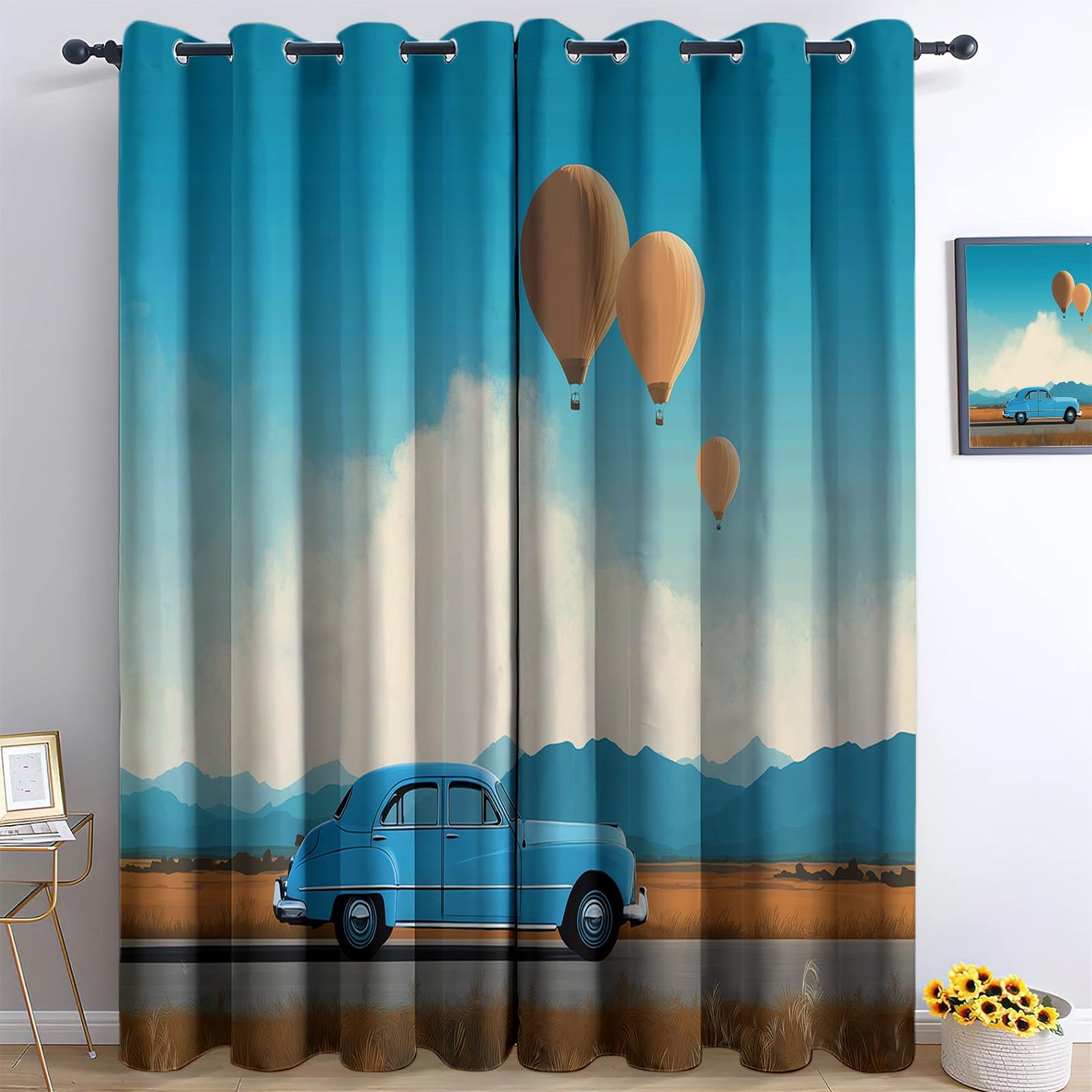 Blackout Curtains Vintage Mountains Cars Hot Air Balloons 55” W x 102” L (2 Panels), for Bedroom Living Room Darkening Grommet Eyelet Window Drapes Blue Thermal Insulated Polyester Curtains
