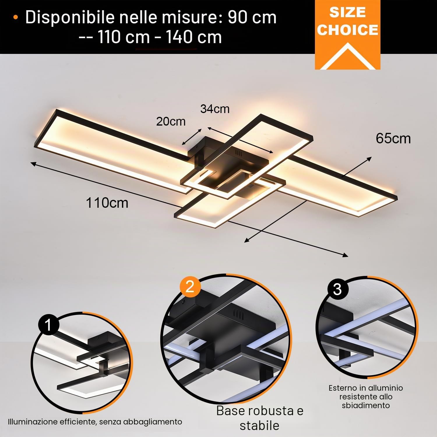 Black Plafoniera LED Soffitto,L130cm Plafoniera Led Soffitto Moderna con Telecomand